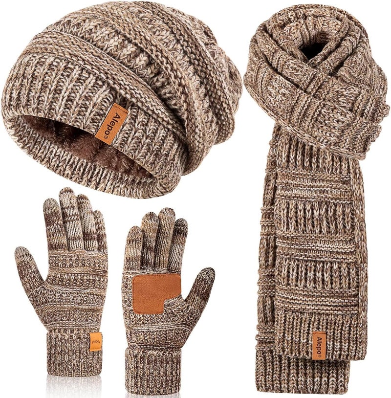 Alepo Winter Beanie Hat Scarf Gloves Set for Women, Slouchy Beanie Long Scarf Touchscreen Gloves, Warm 3 in 1 Set - Image 1